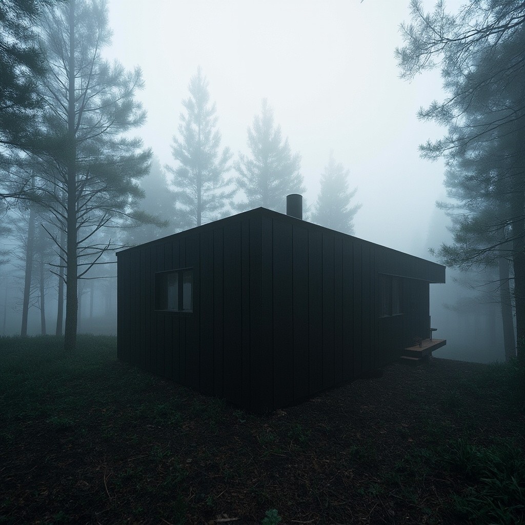 A Foggy Morning at a Minimalist Forest Cabin