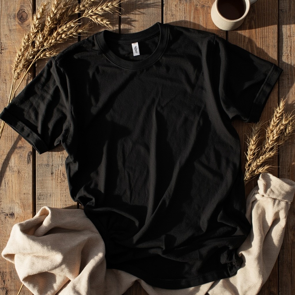 A Folded Black T-Shirt on a Rustic Surface