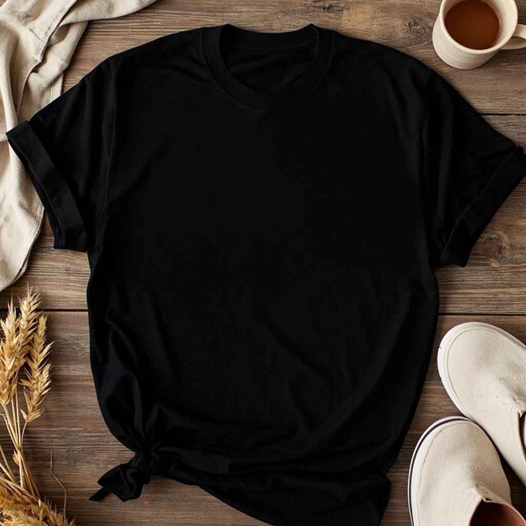 A Folded Black T-shirt on Rustic Wooden Surface