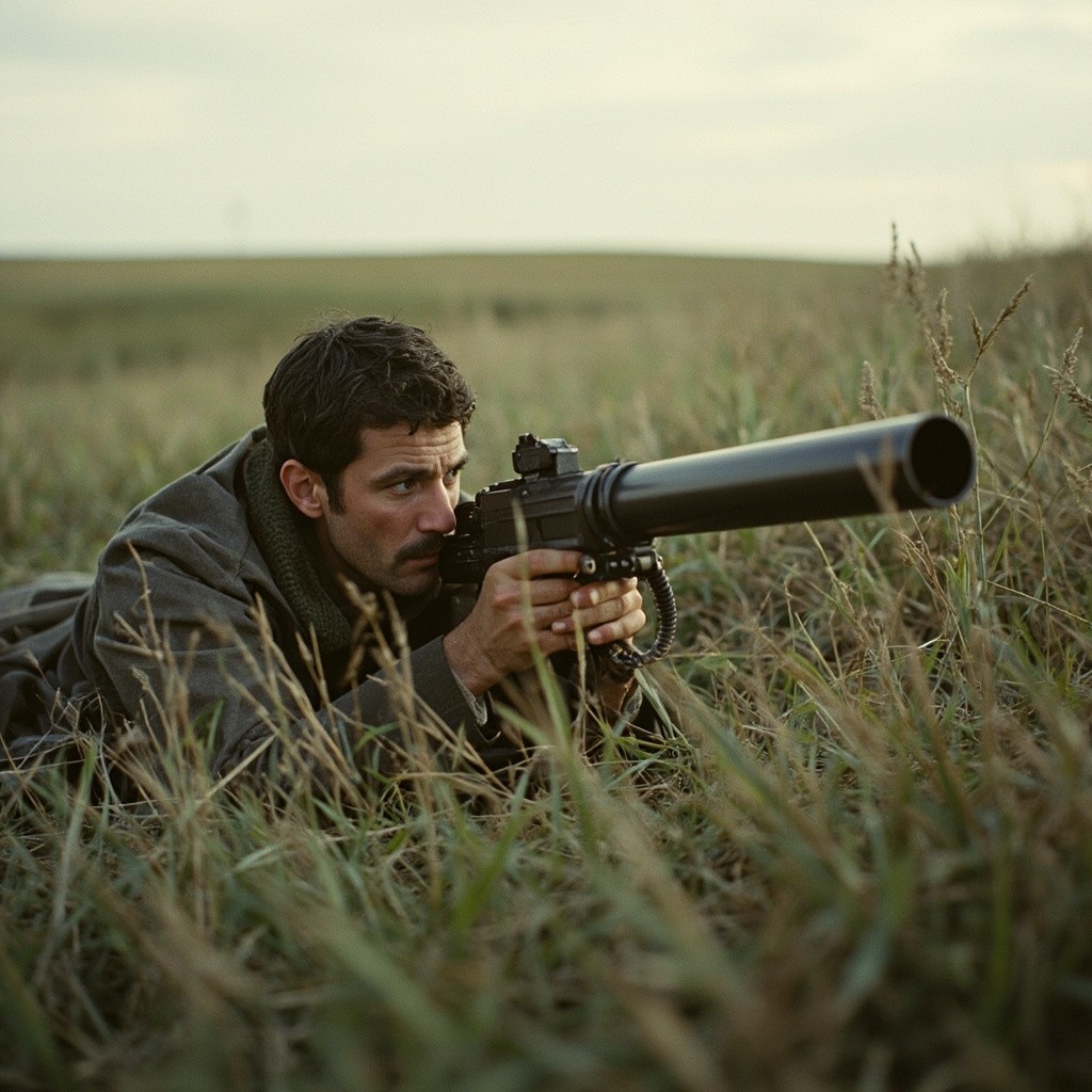A Foreign Picture in Grass Field Displaying Projector Beam