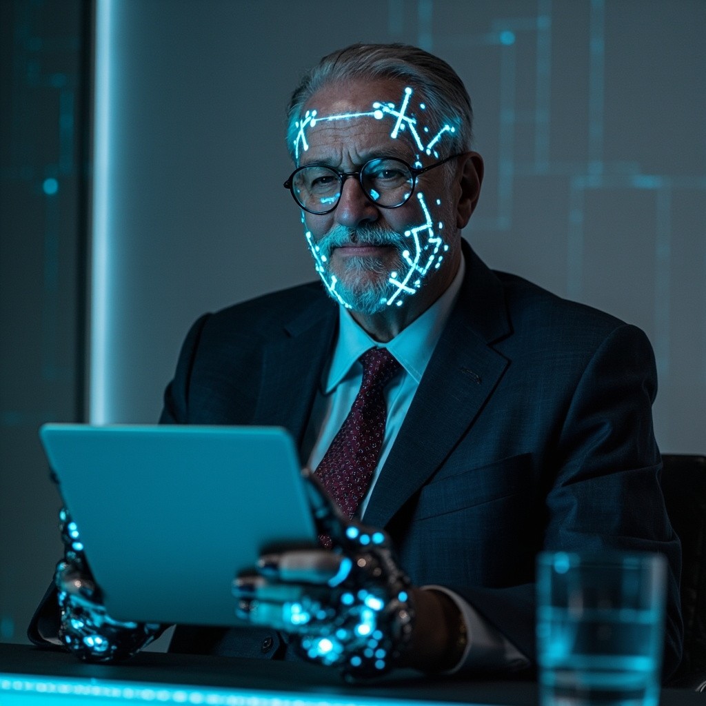A Friendly Cyborg Content Manager in Business Attire