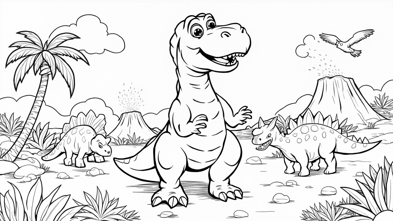 A Friendly Dinosaur Scene for Children's Coloring