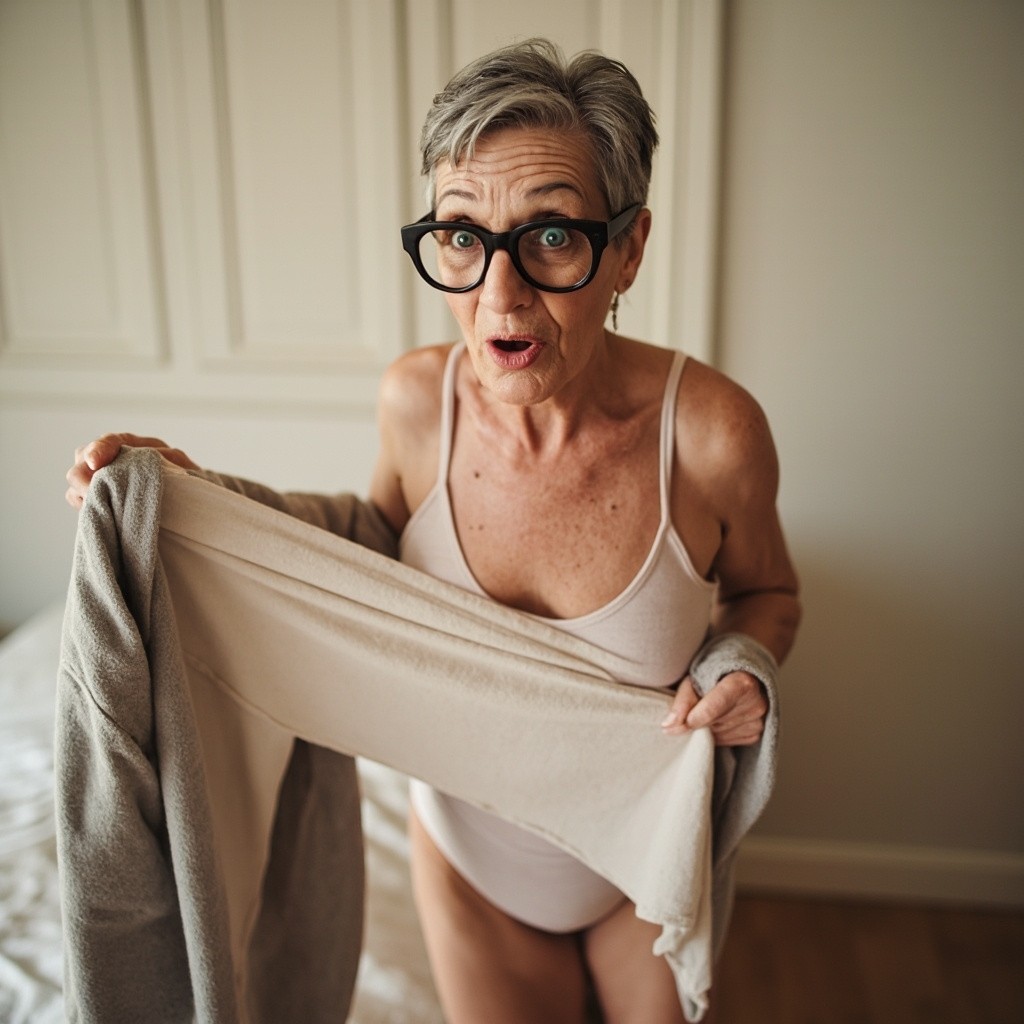 A Funny, Surprised Middle-Aged Woman Dressing up