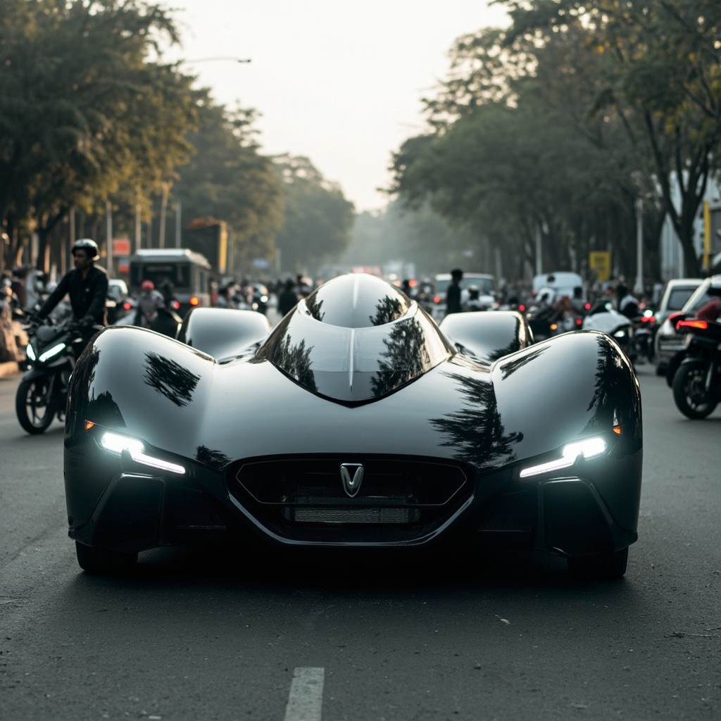 A Futuristic Car in India's Busy Street