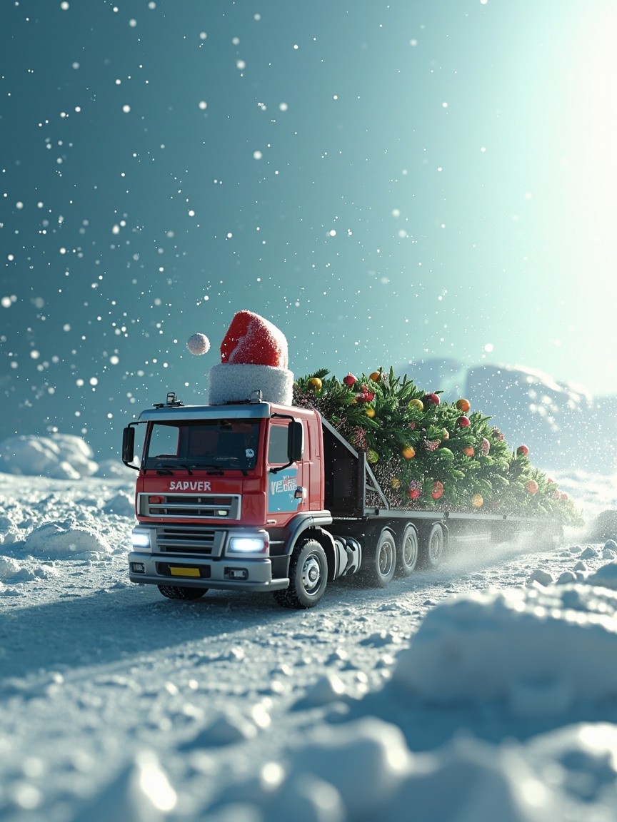 A Futuristic Christmas Truck Carrying Decorated Tree