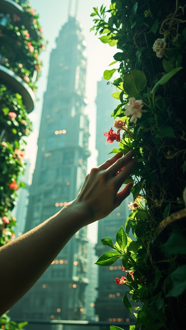 A Futuristic Cityscape with Blooming Biotech Gardens