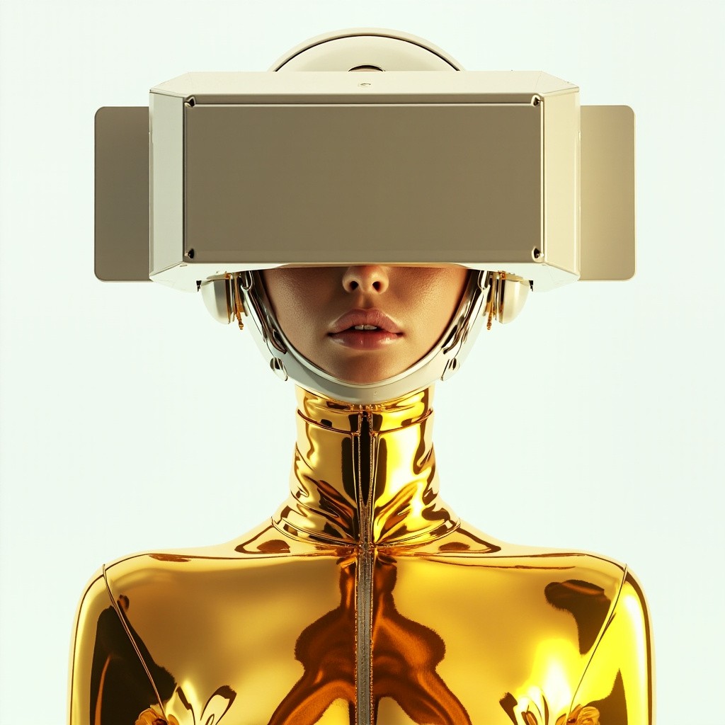 A Futuristic Female Android in Chrome Bodysuit