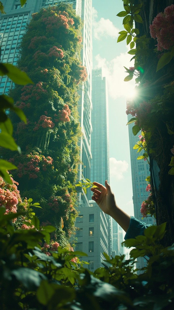 A Futuristic Garden Cityscape Touched by Human Hand