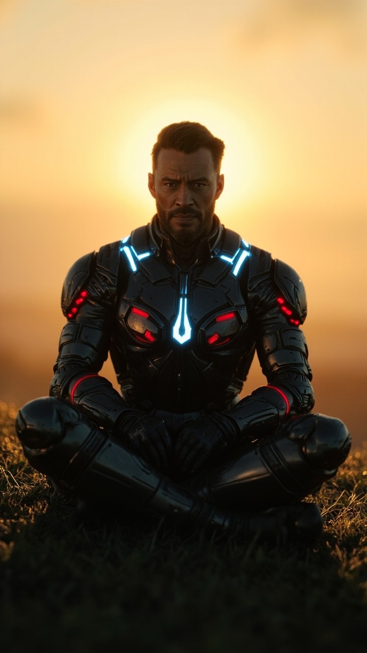 A Futuristic Warrior Meditating at Sunrise