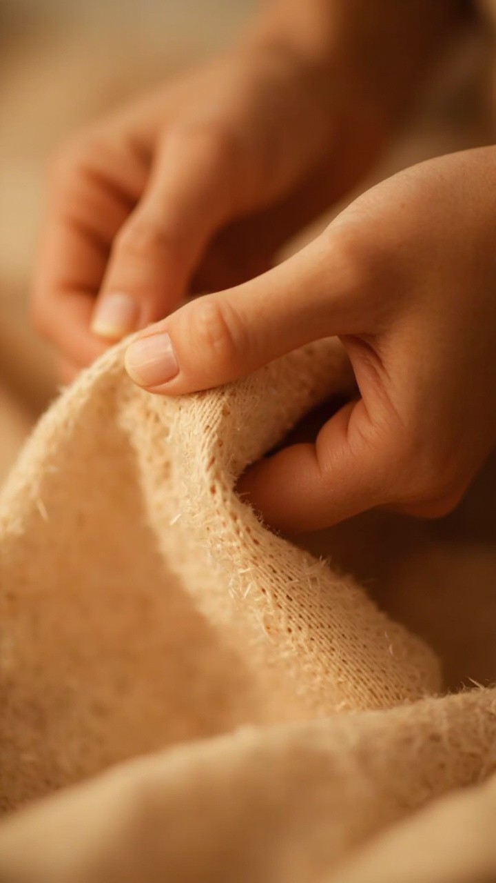 A Gentle Hands Folding Soft Beige Fabric Close-up