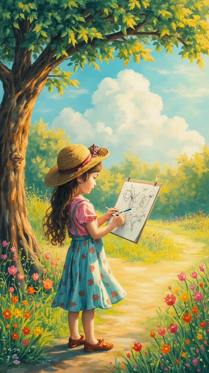 A Girl Drawing in the Summer Park