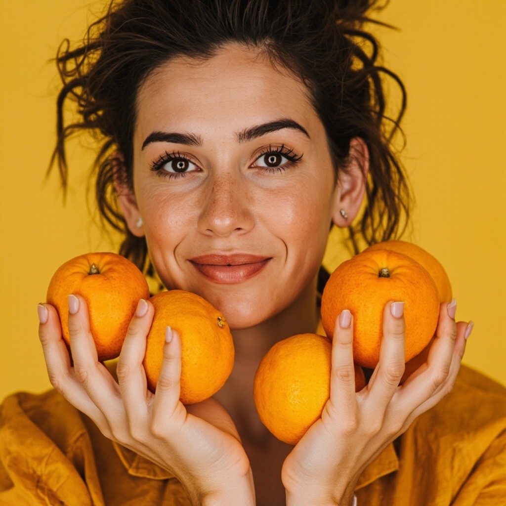 A Girl Holding Oranges against Green Background