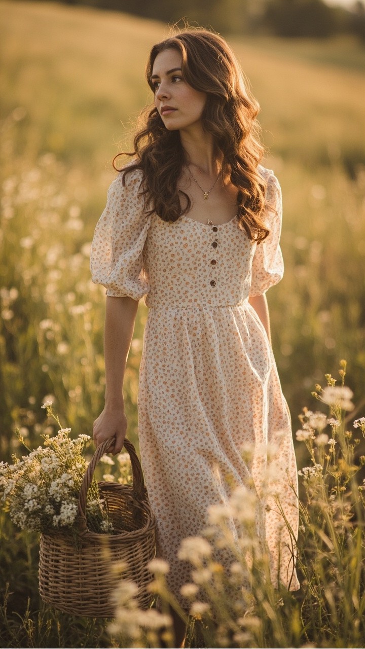 A Girl in Puff Sleeve Dress in Flower Field