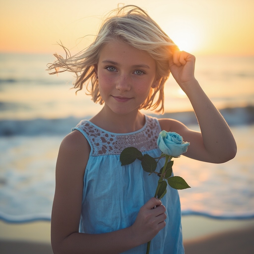 A Girl with Blue Rose on Sunrise Beach