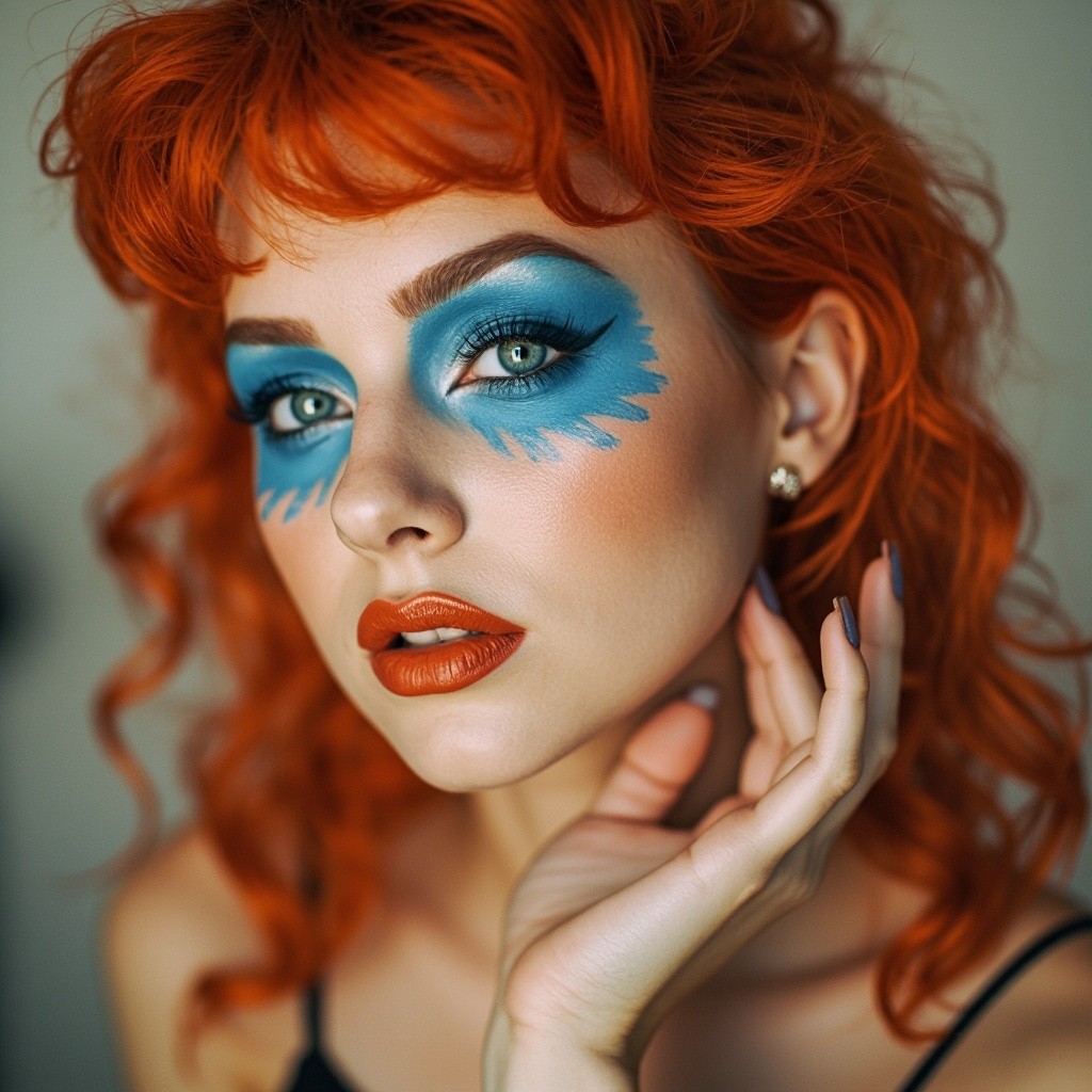 A Girl with Orange Hair Applying Blue Eyeshadow