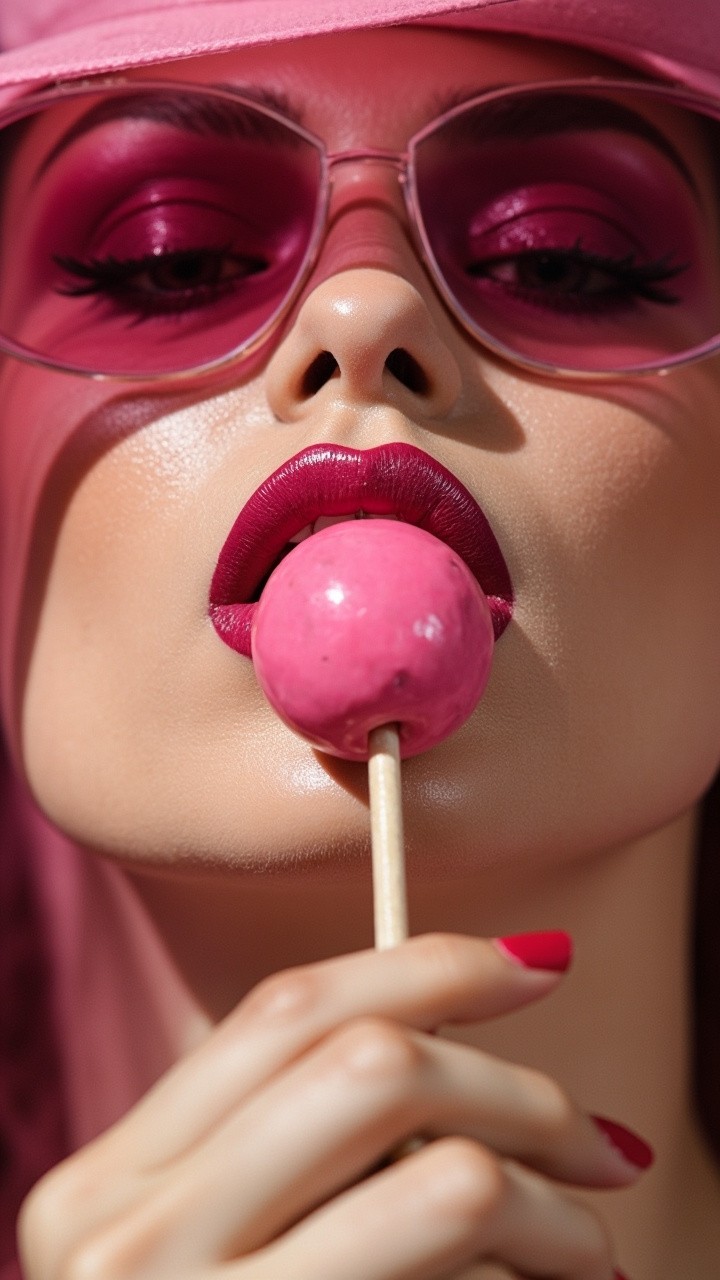A Girl with Pink Lipstick Licking a Lollipop