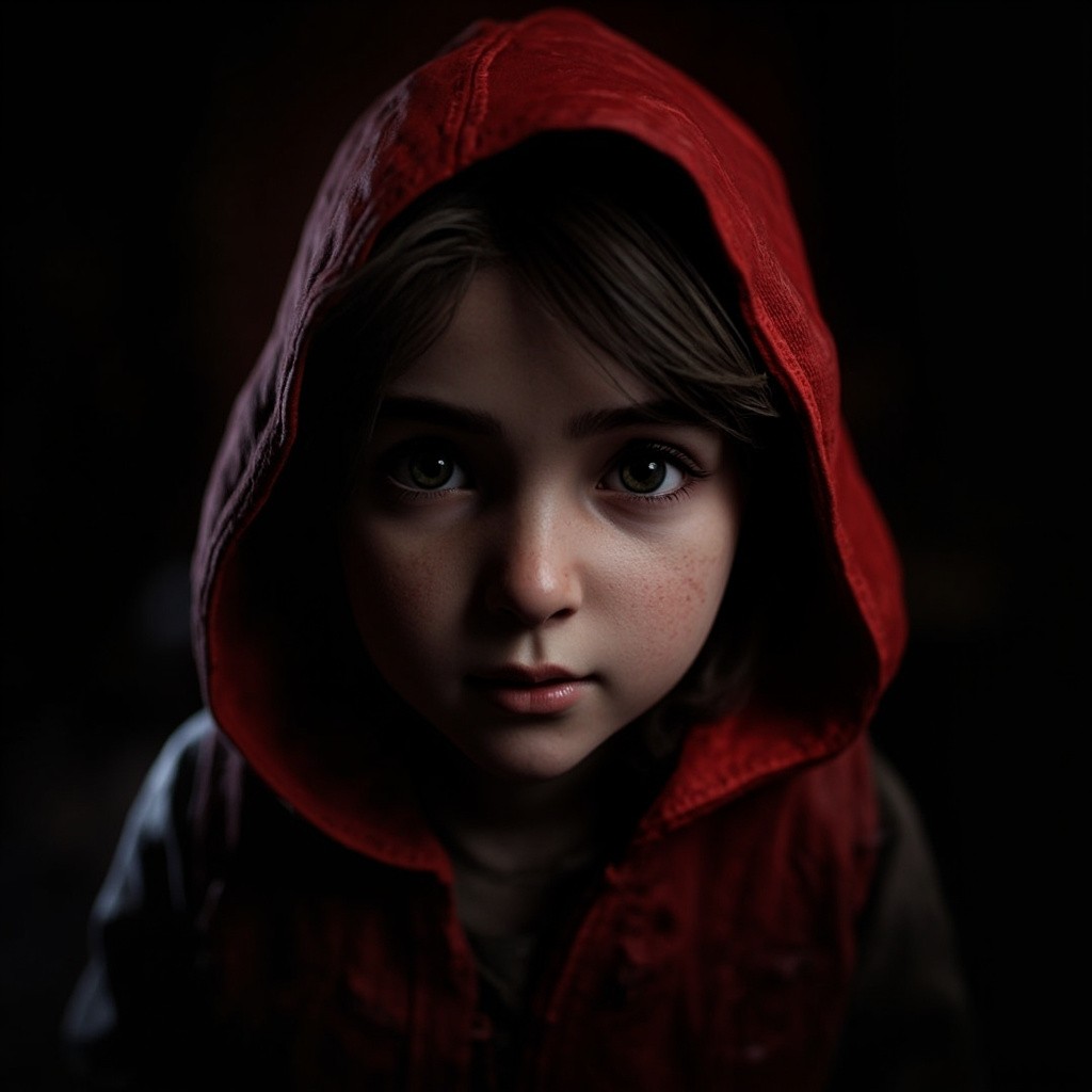 A Girl with Red Hood in Dark Ambiance