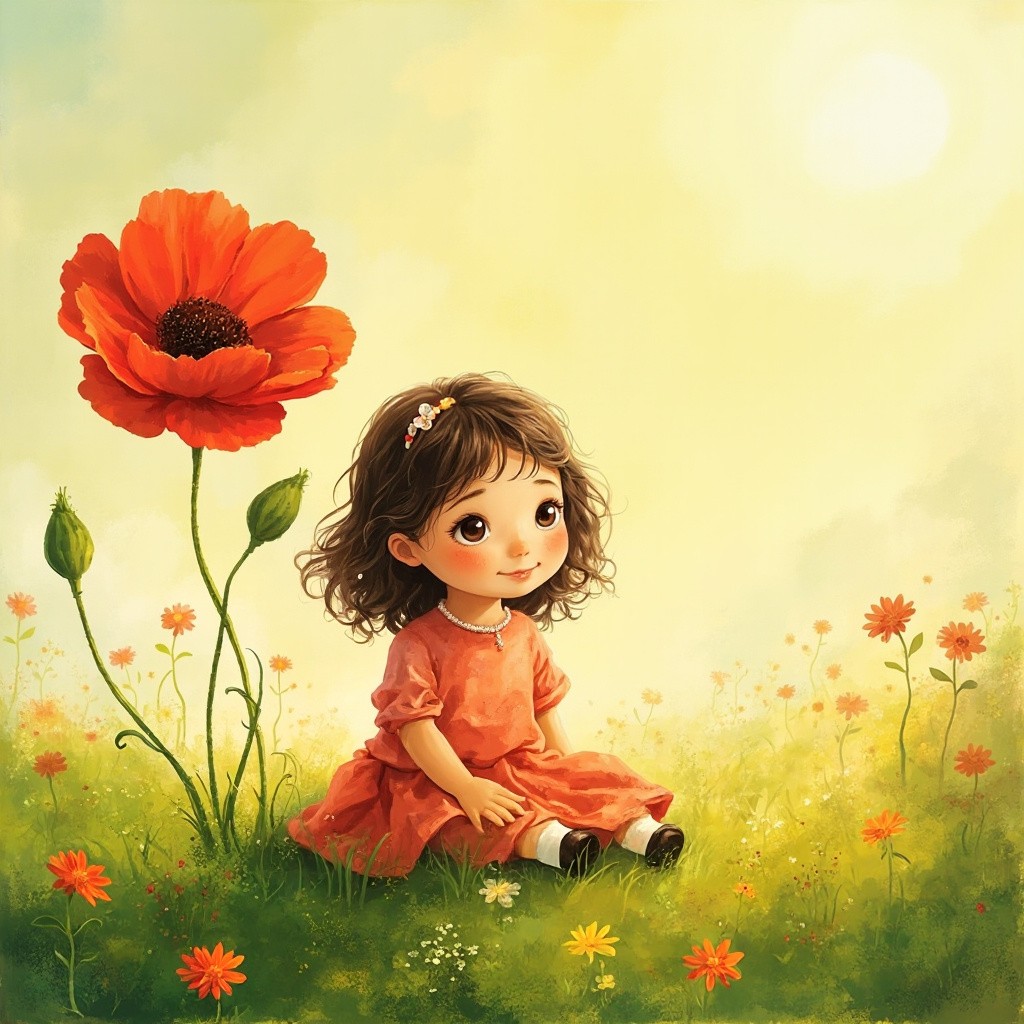 A Girl with a Big Red Flower on Sunny Grass