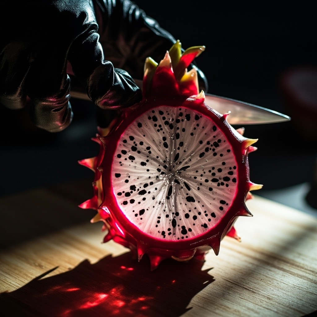 A Gloved Hand Preparing to Slice Glass Dragonfruit