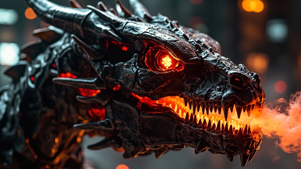 A Glowing Cyber-Dragon's Metallic Skull Close-Up
