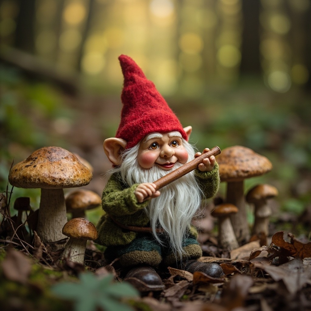 A Gnome Playing Flute near Mushrooms in Woods