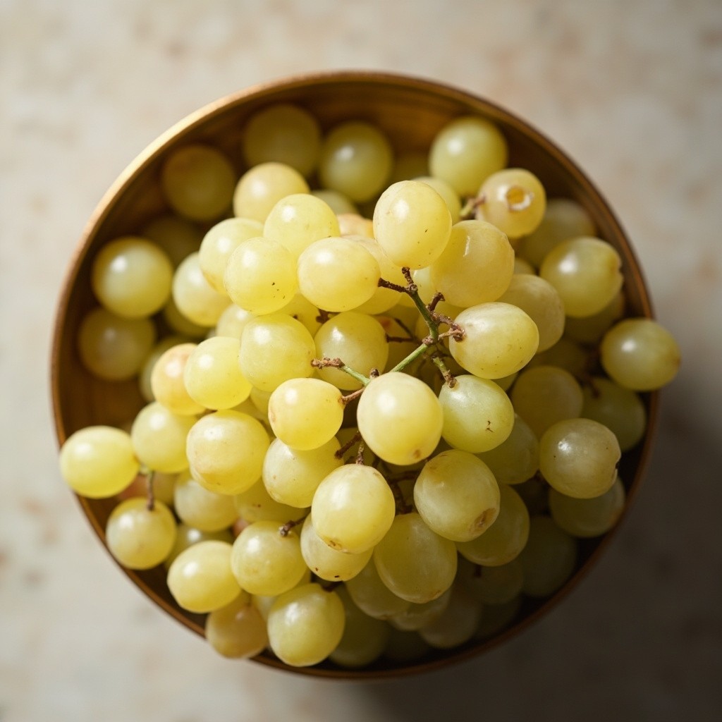 A Golden Bowl of White Grapes from Above