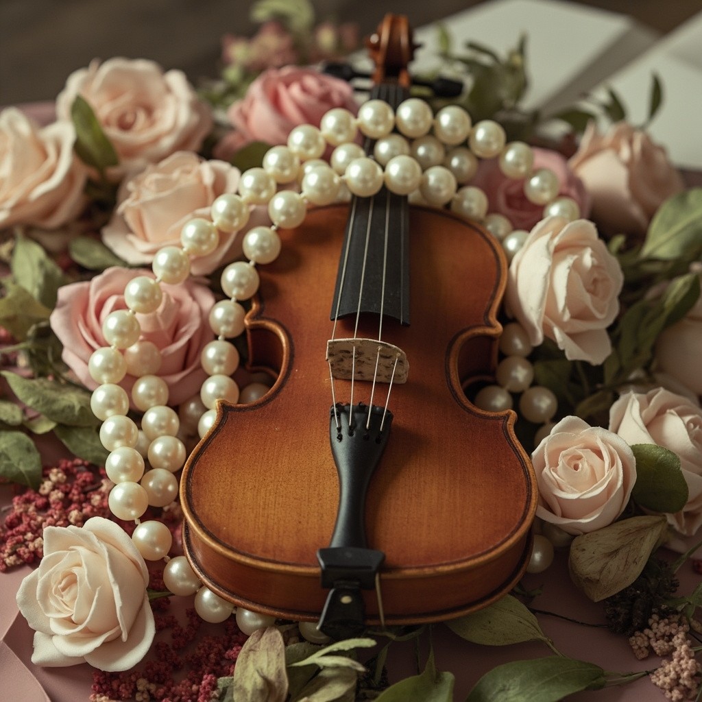 A Gorgeous Violin Encircled by Pearls and Flowers