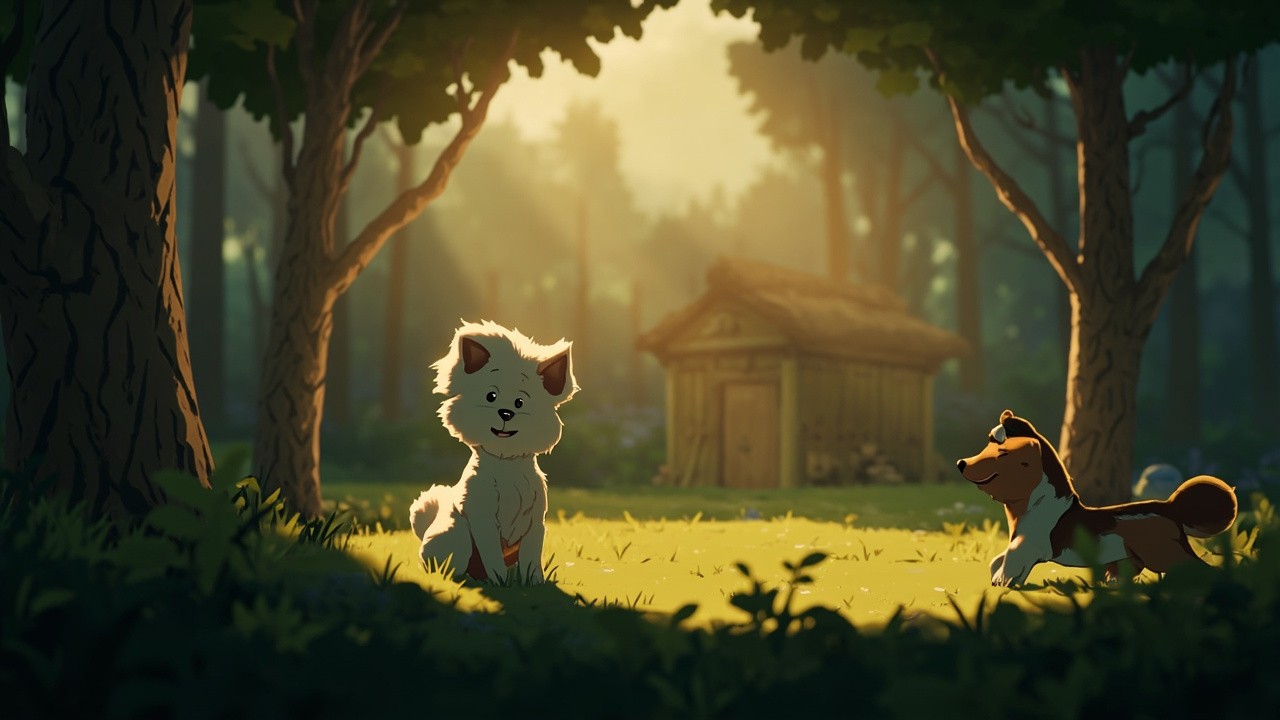 A Grandma and Puppy in Animated Village Forest