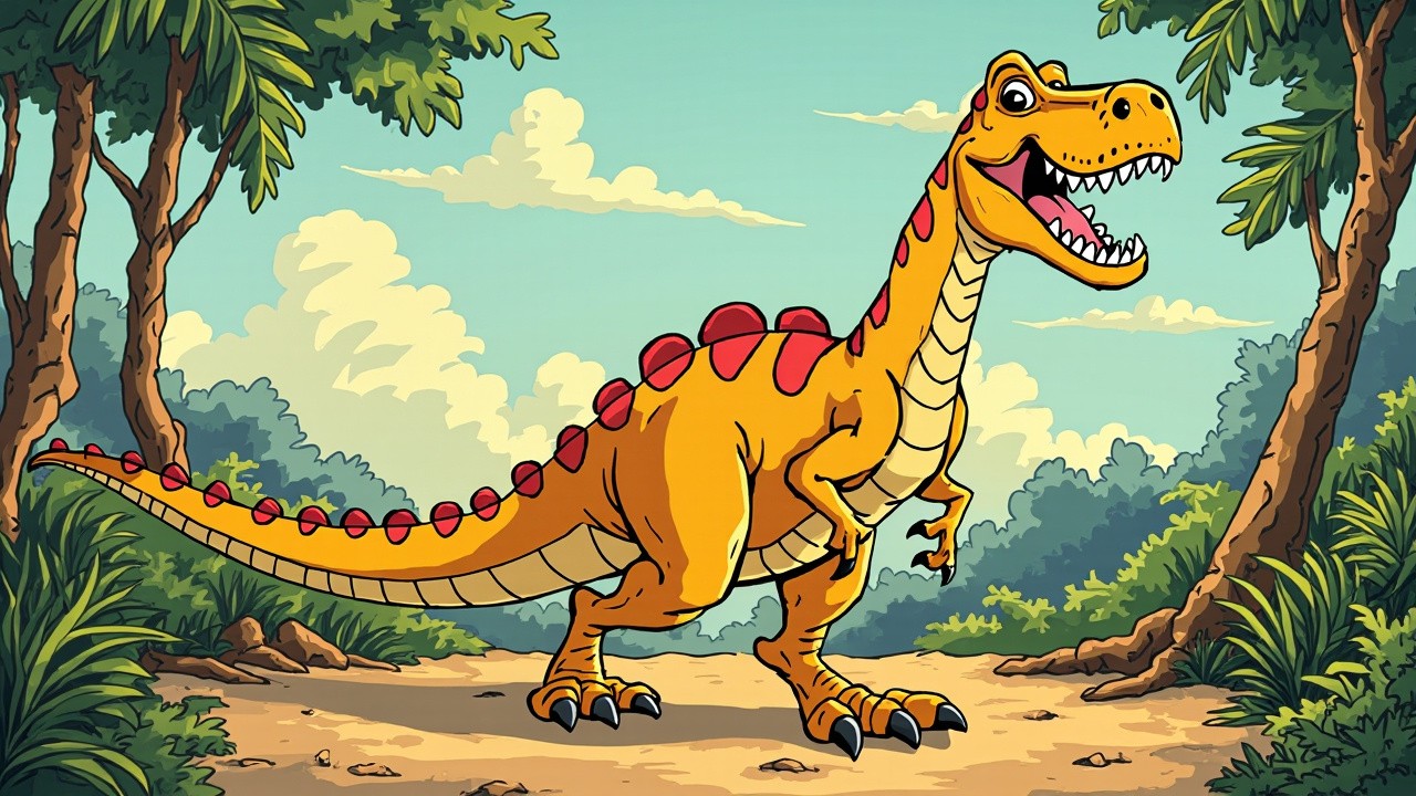 A Groovy, Smiling Velociraptor in a Jurassic Jungle