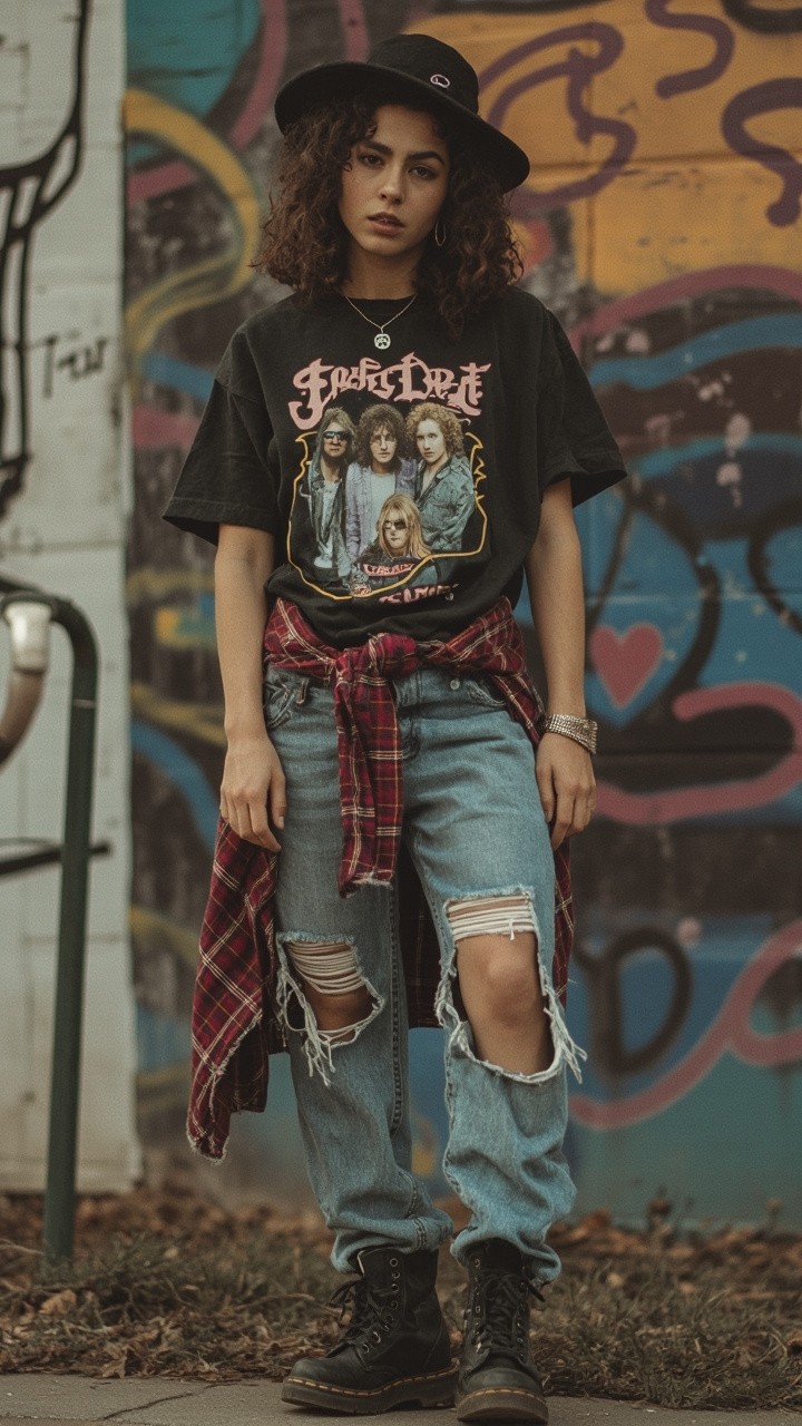 A Grungy 90s Outfit with Graffiti Backdrop