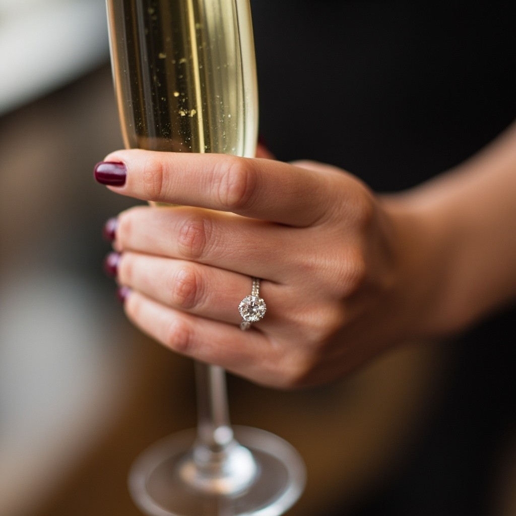 A Hand Holding Champagne Glass with Diamond Ring