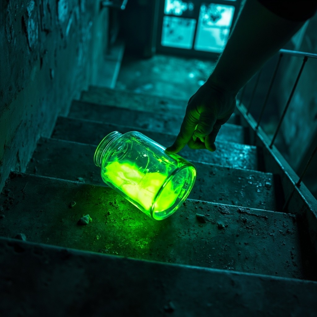 A Hand Pushes Neon Jar on Abandoned Staircase