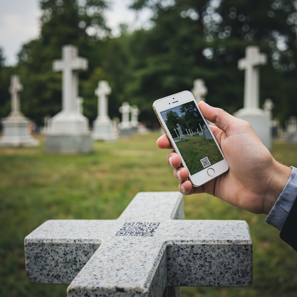 A Hand Scanning QR Code on Cemetery Cross
