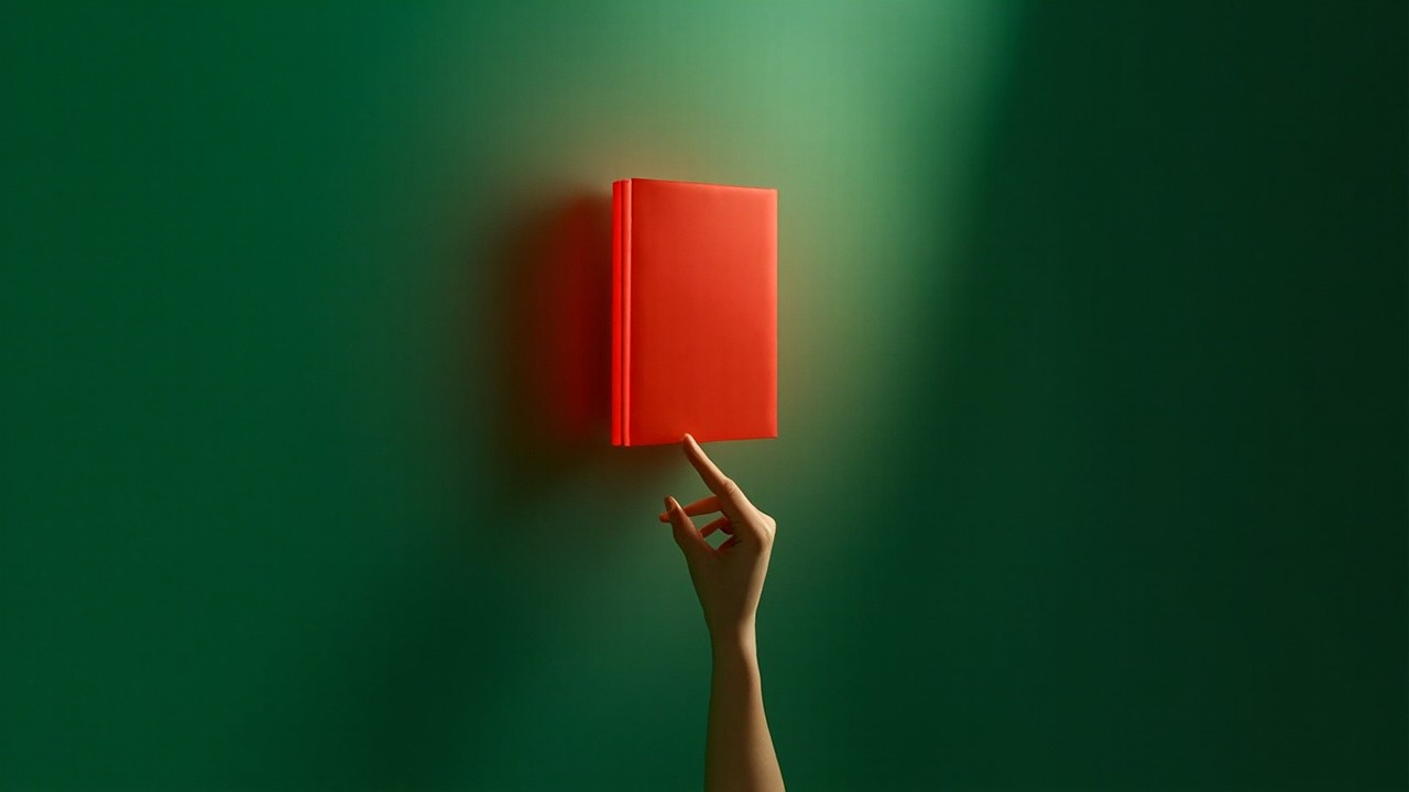 A Hand Selecting Glowing Red Book from Shelf
