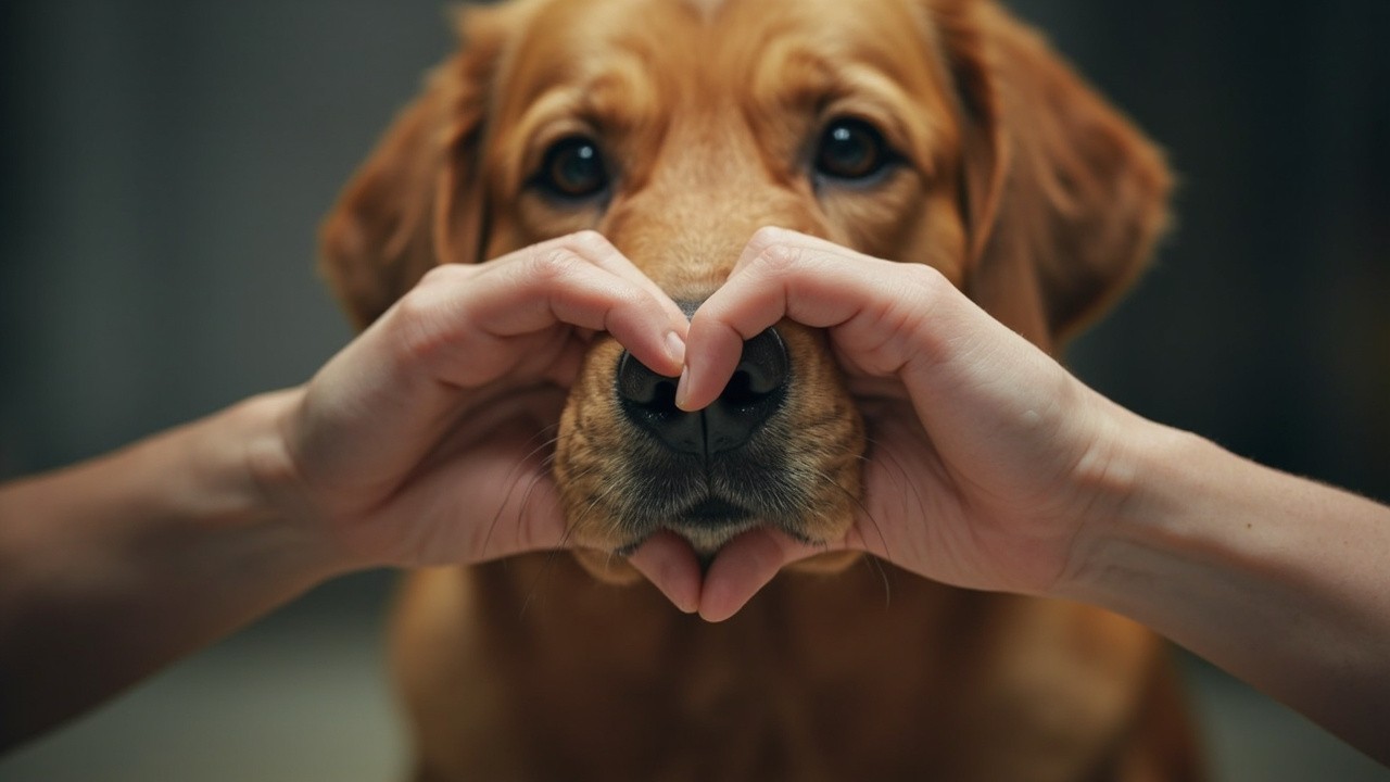 A Hand Shaping Heart around Dog's Nose