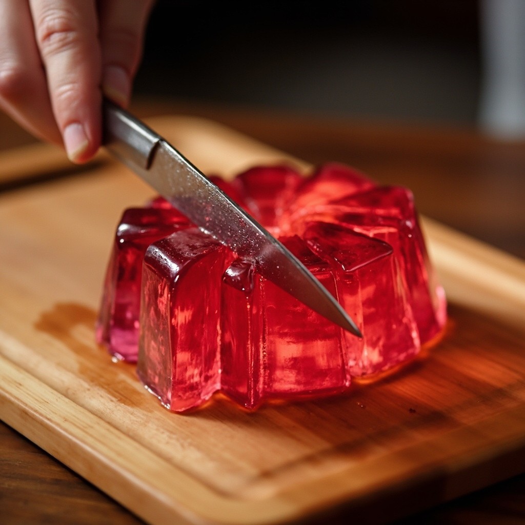 A Hand Skillfully Slicing Transparent Crystal-like Jelly