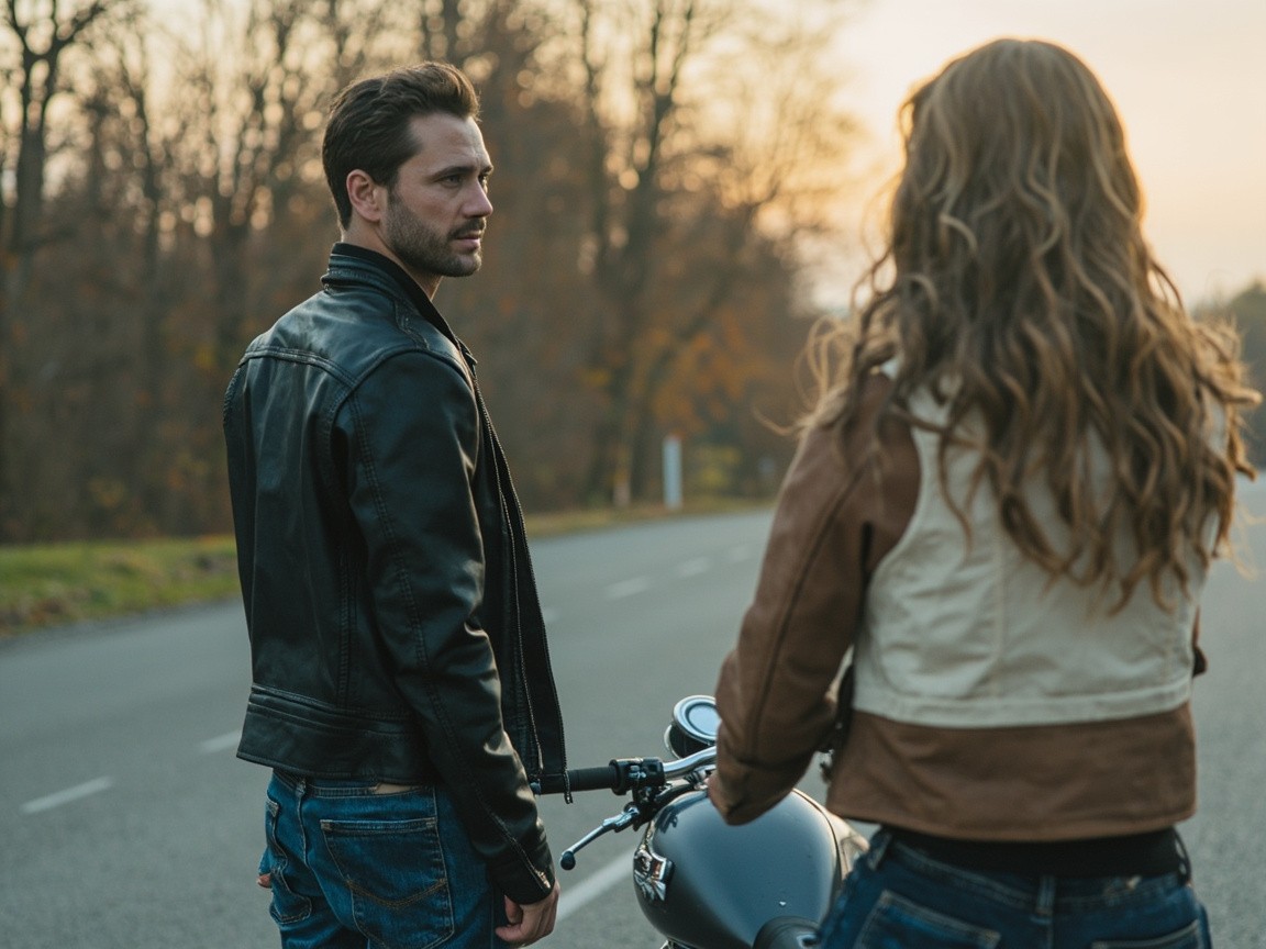 A Handsome Man beside Motorcycle Observing Beautiful Girl