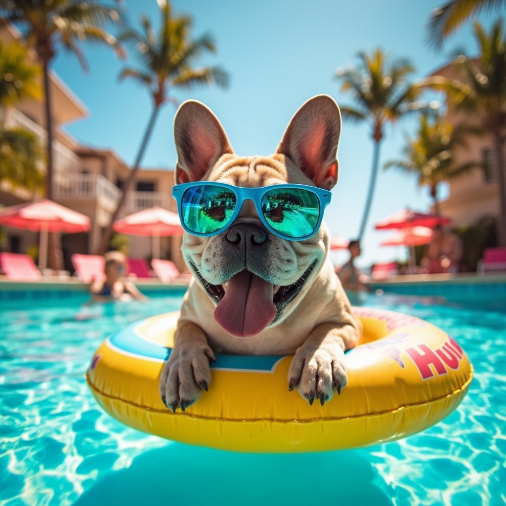 A Happy Bulldog Enjoying Summer Vacation at Resort