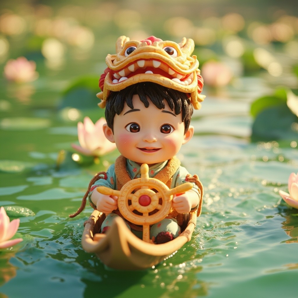 A Happy Chinese Child Steering Zongzi Boat Adventure