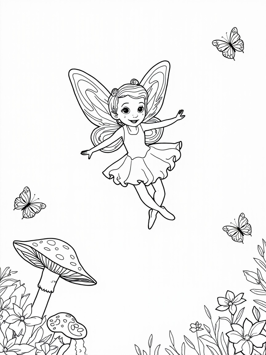 A Happy Fairy in Magical Garden Coloring Page