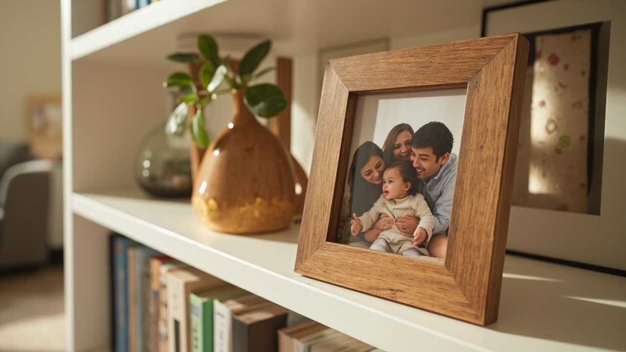 A Happy Family Picture Displayed on White Shelf