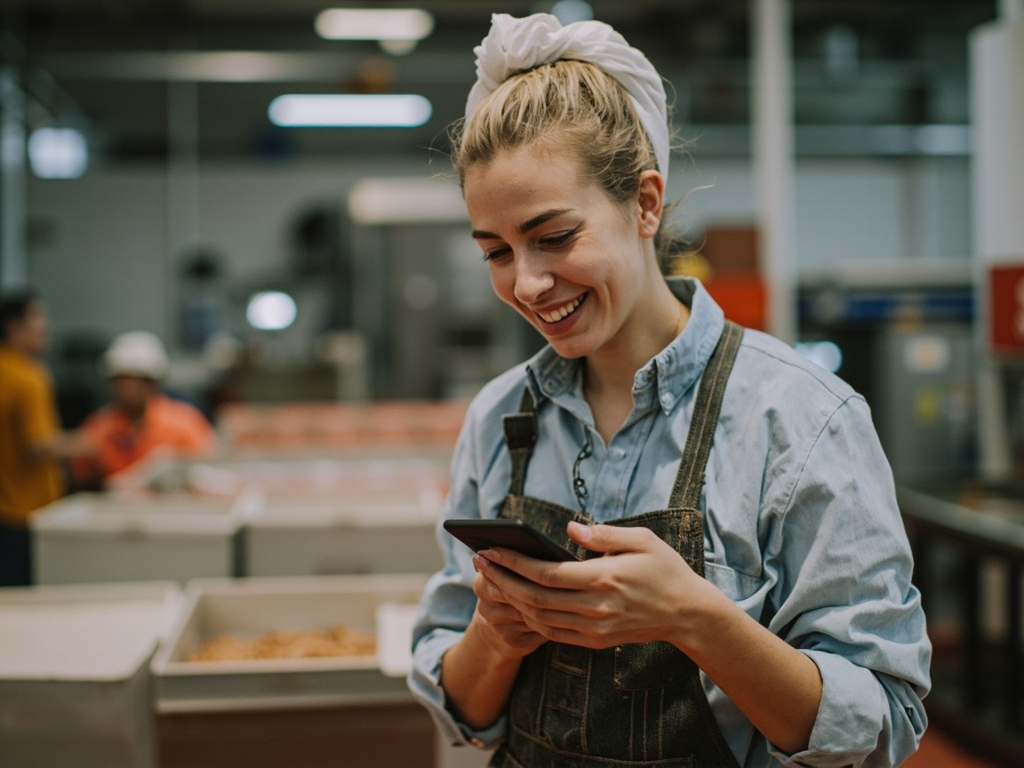 A Happy Female Worker Using Cellphone in Factory