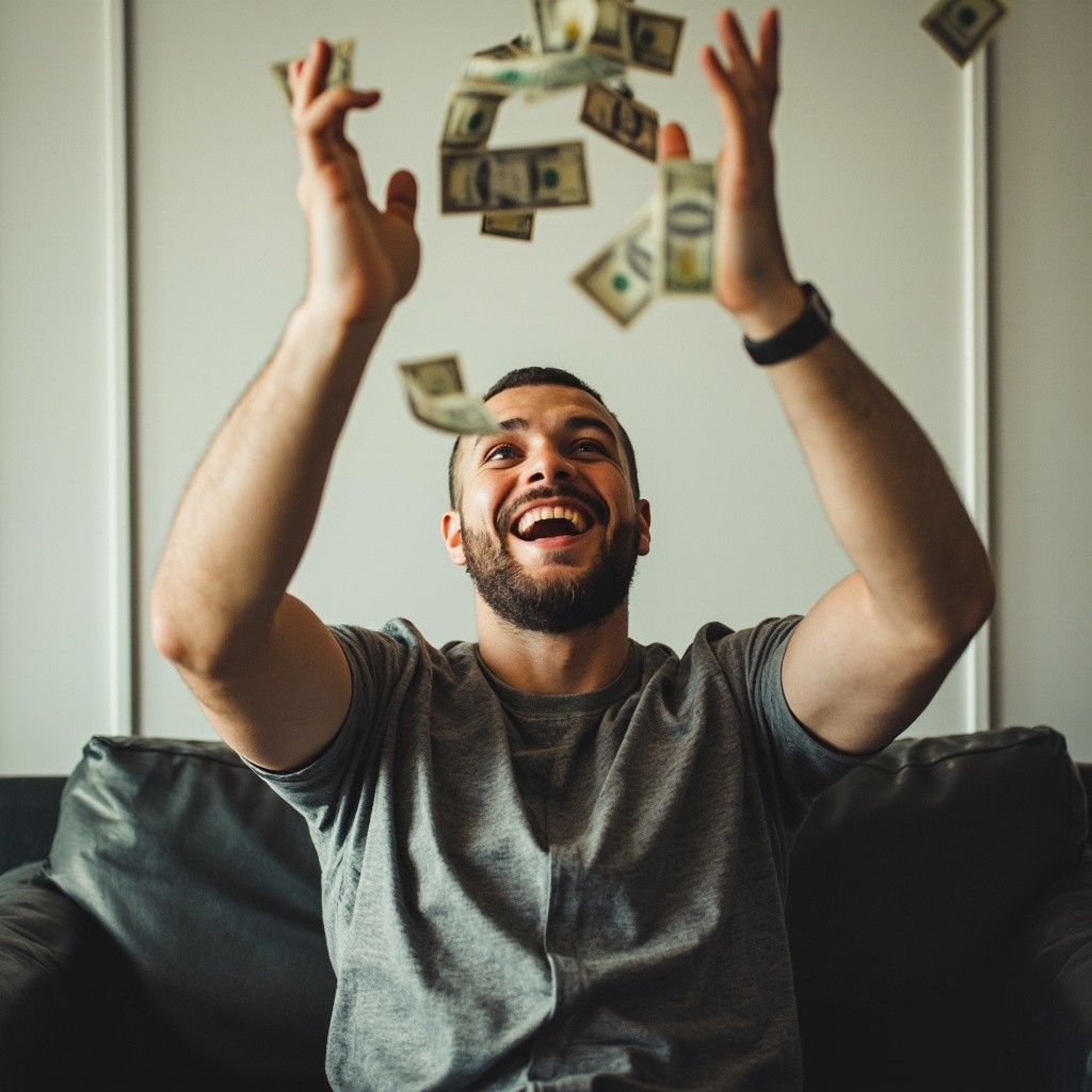 A Happy Man Throwing Money on the Couch