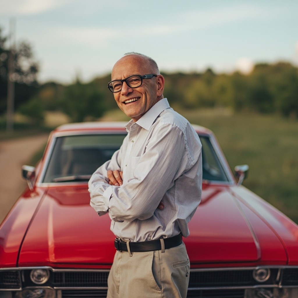 A Happy Man with His Red Car