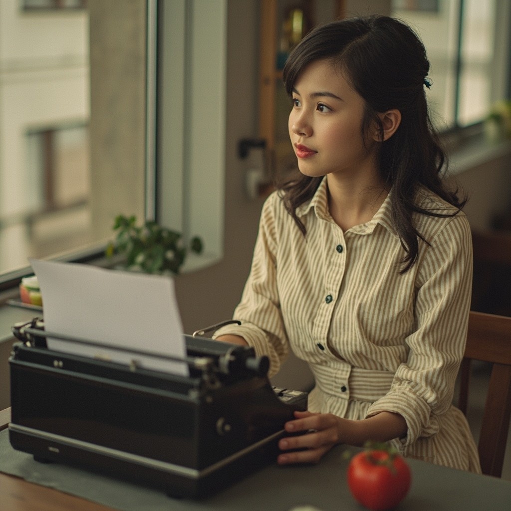 A Happy Modern Girl Writing on Typewriter