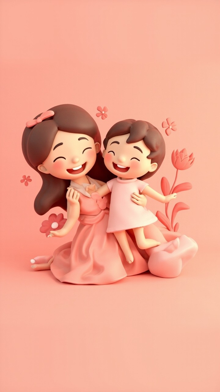 A Happy Mother and Child in Cartoon Style