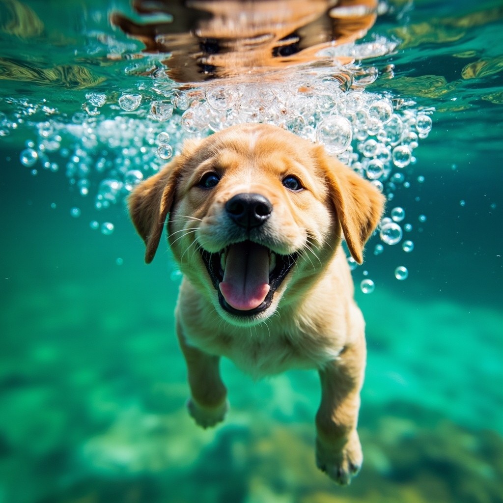 A Happy Puppy Diving and Smiling Underwater
