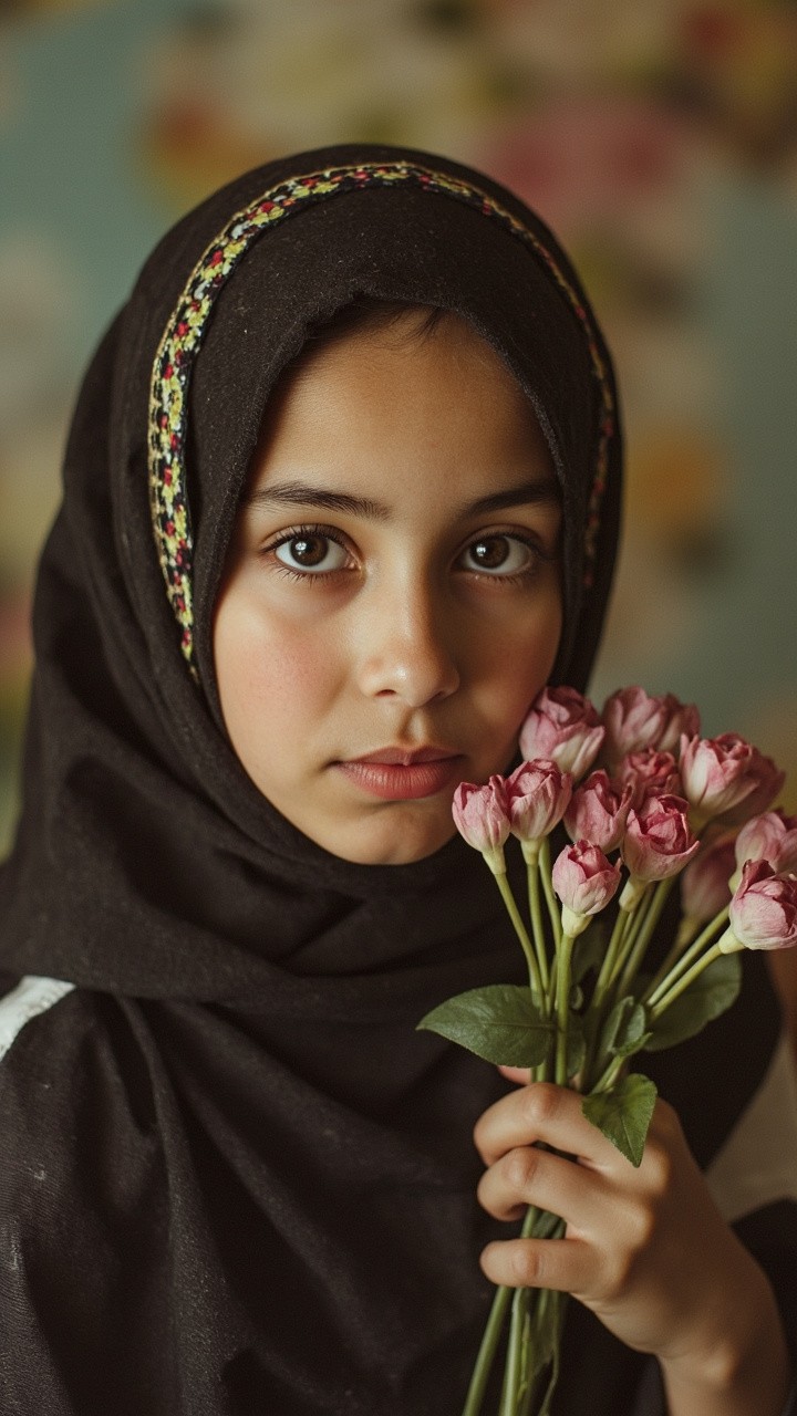 A Hijabi Girl Holding Beautiful Flowers