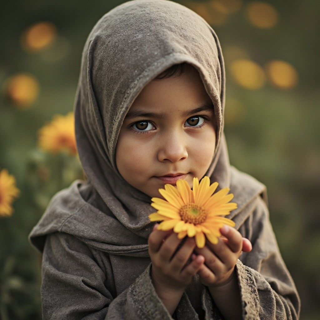 A Hijabi Girl Holding Beautiful Flowers
