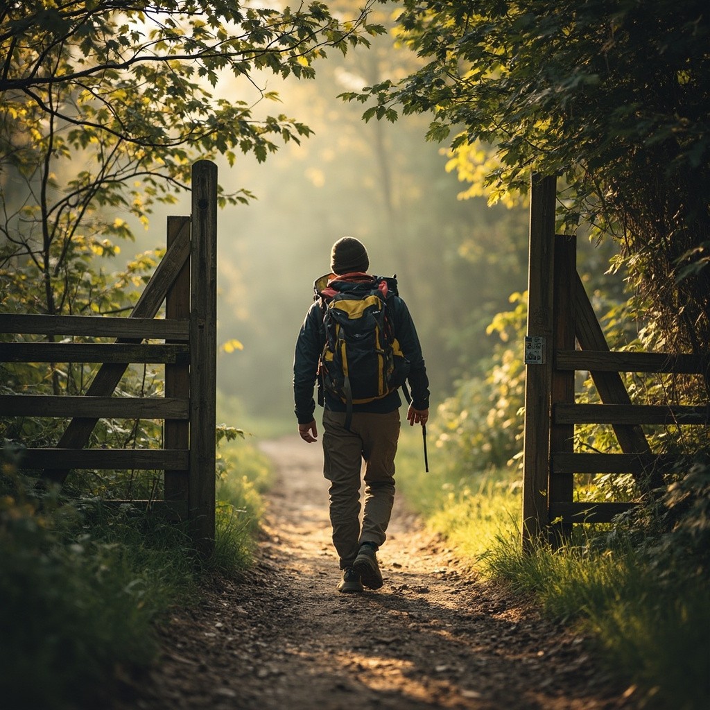 A Hiker Entering a Path Through Open Gate